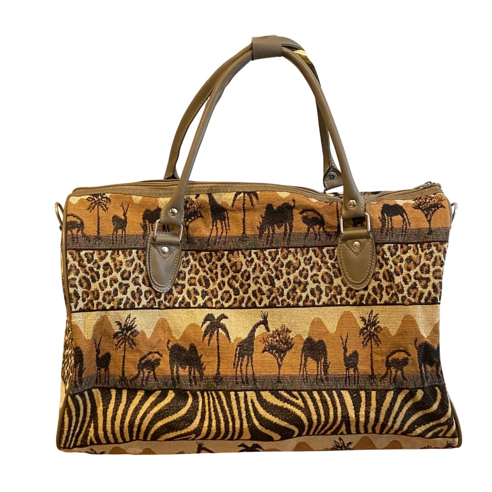 Pioneer Express Womens Safari Tapestry Duffle Bag Animal Print Brown Large VTG